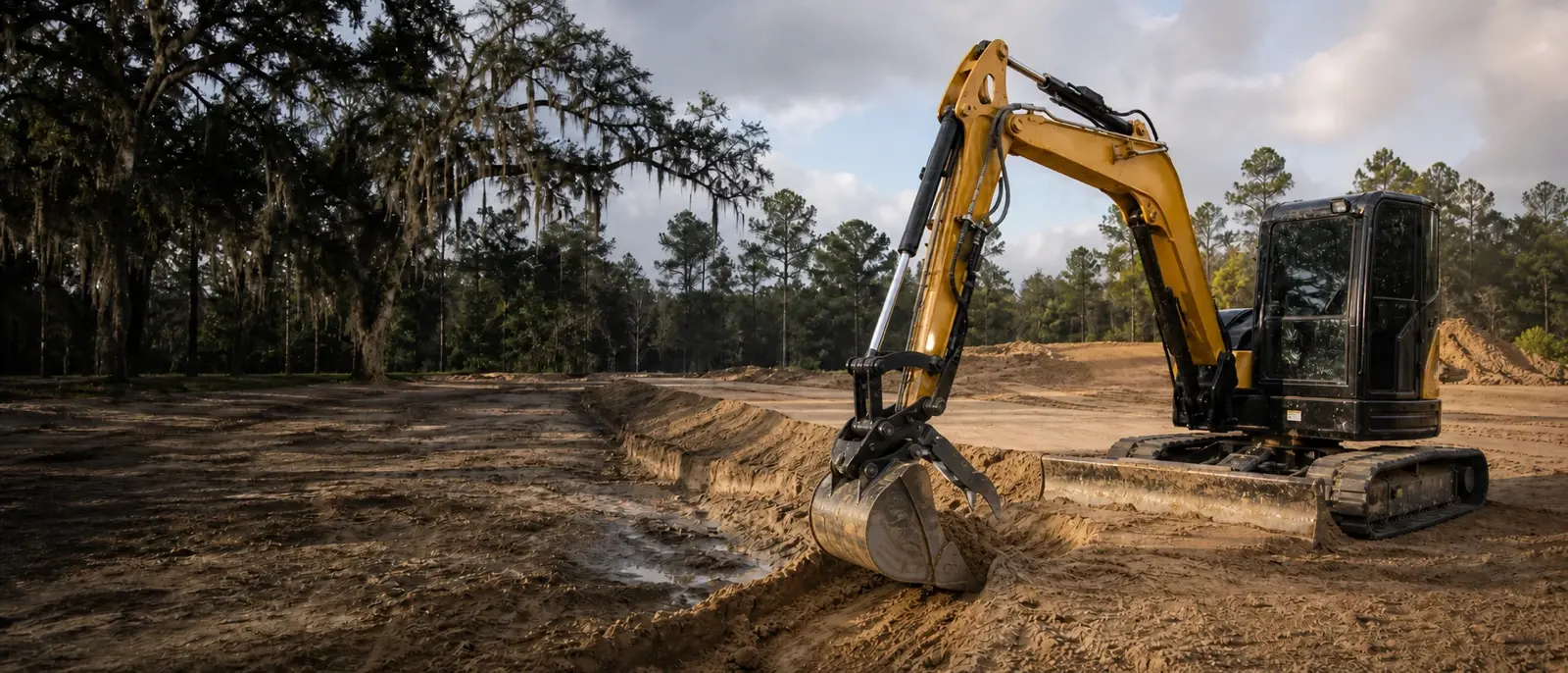 Yellow and black compact excavator shaping sandy site work on rural acreage near Lake City, Florida.