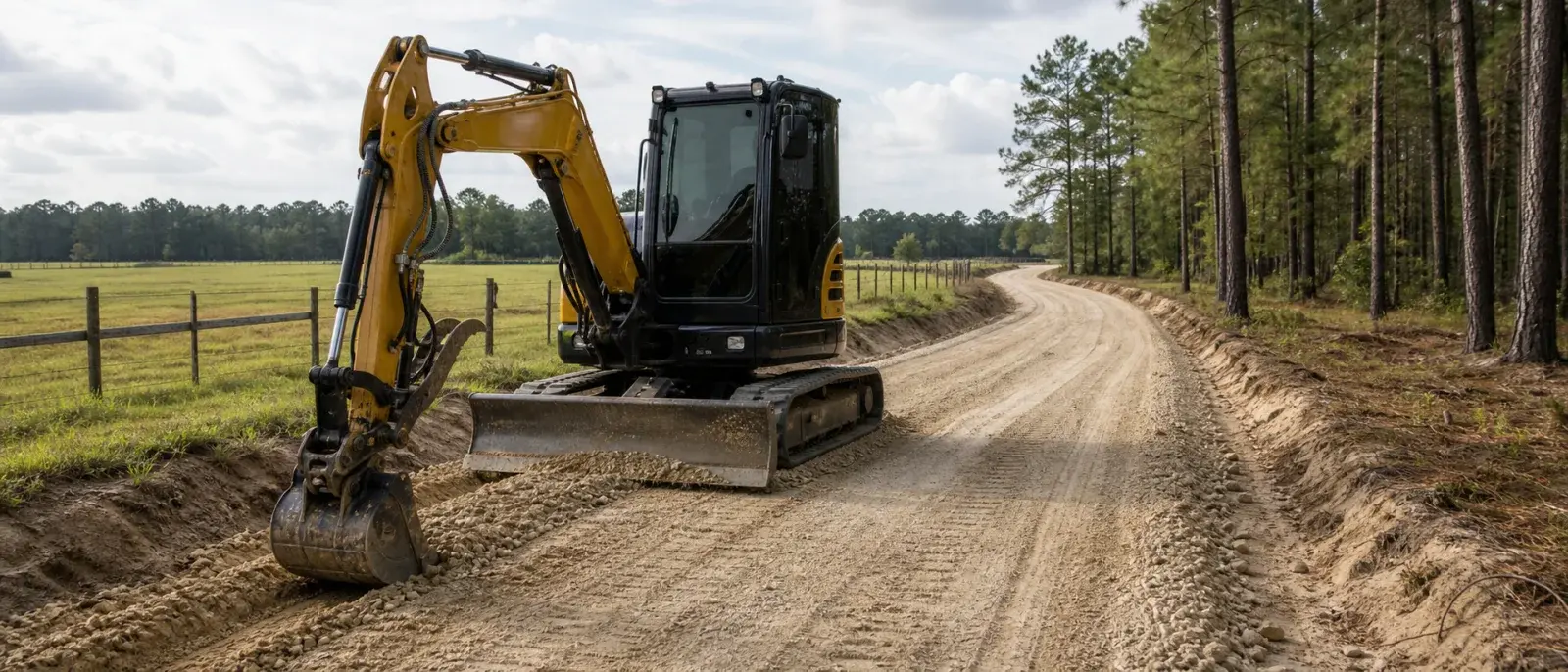SANY compact excavator shaping a rural driveway access route in North Florida